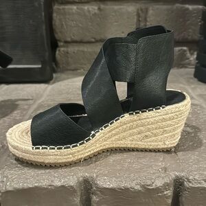 eileen fisher willow leather wedge espadrille sandals black size 6.5